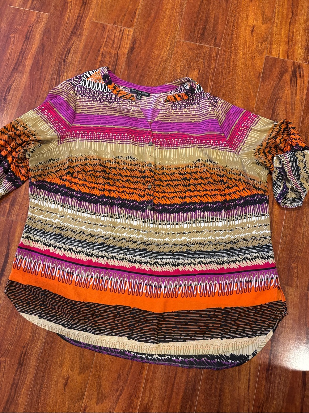 Sara Michelle Mixed-Stripe Button-Front Blouse in Pink, Orange & Tan